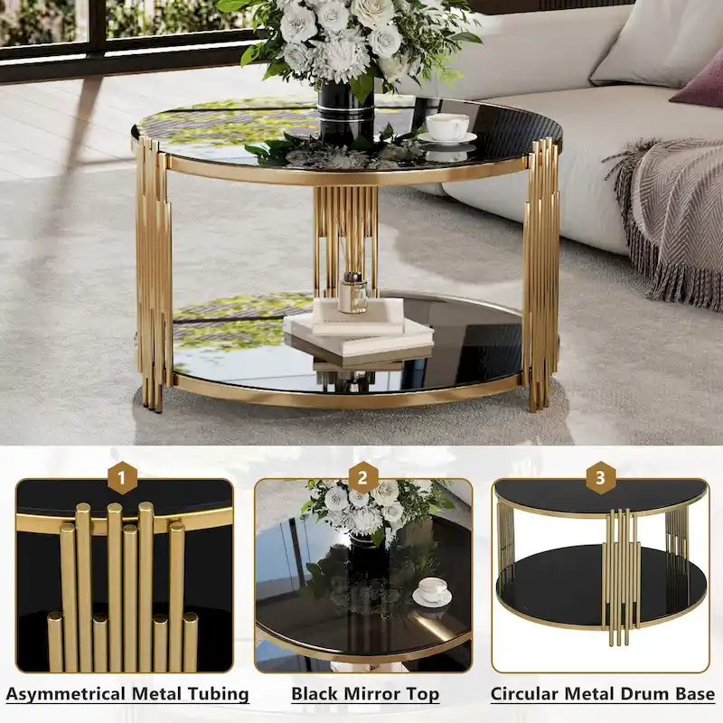 31.5 Tempered Glass Coffee Table with Asymmetrical Metal Design and Lower Shelf