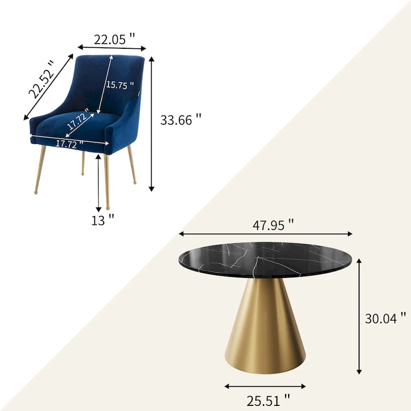 Clihome 5 Piece Black Marble Top Table with Velvet Dining Chair Set