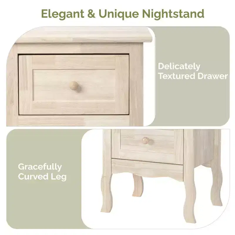 Beige 2-Drawer Rubberwood Nightstand