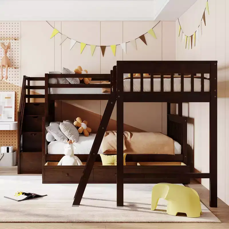 Stylish Design Twin over Full L-Shaped Bunk Bed With 3 Drawers, Ladder and Staircase