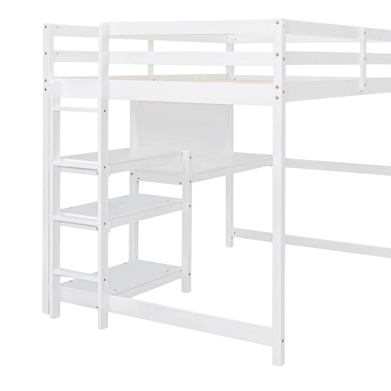 Wooden Loft Bed with Shelves, Desk and Writing Board