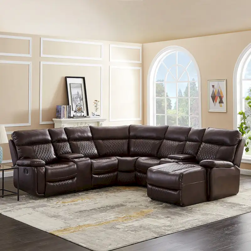 Mid-century Modern Faux Leather Upholstered Reclining Sectional Sofa