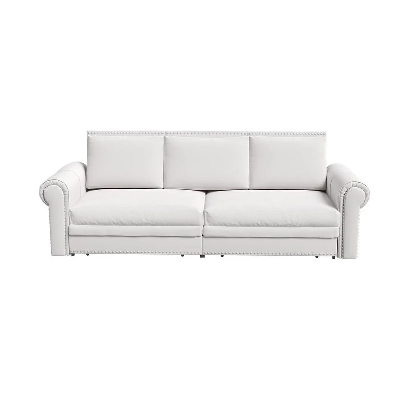 3-in-1 King Pull Out Sofa Bed Chesterfield Sofa, Velvet/Faux Leather Convertible Sleeper Sofa with Nailhead Trim & Rolled Arm