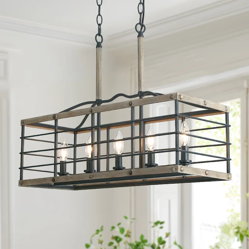 Farmhouse 5-Light Wood Grain Chandelier Kitchen Island Lights - L26 XW10.2 XH19.7