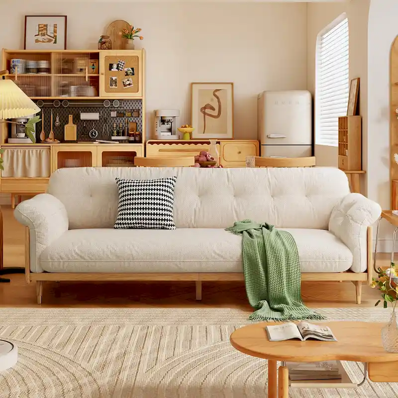 JASIWAY Modern 3-Seat Upholstered Cotton Linen Sofa,Beige