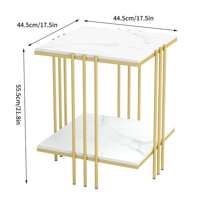 2 Tier Square Side Table Marble Gold Metal Leg Accent End Coffee Desk