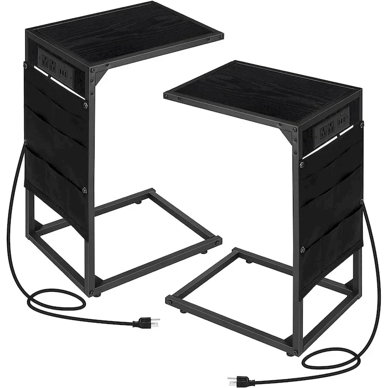 C Shaped End Table with Charging Station, Set of 2