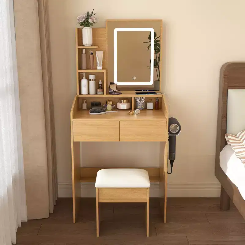 Brown Modern Vanity Table Set with LED Mirror & Stool, 1-Person