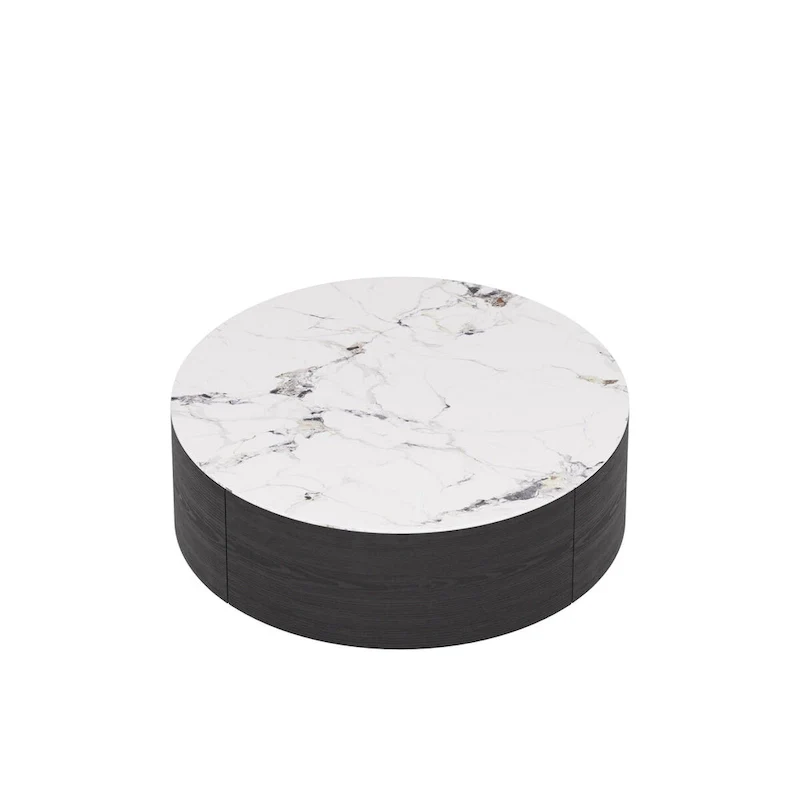 Modern Round Coffee Table with 2 Drawers, Sintered Stone Tabletop and Golden Base