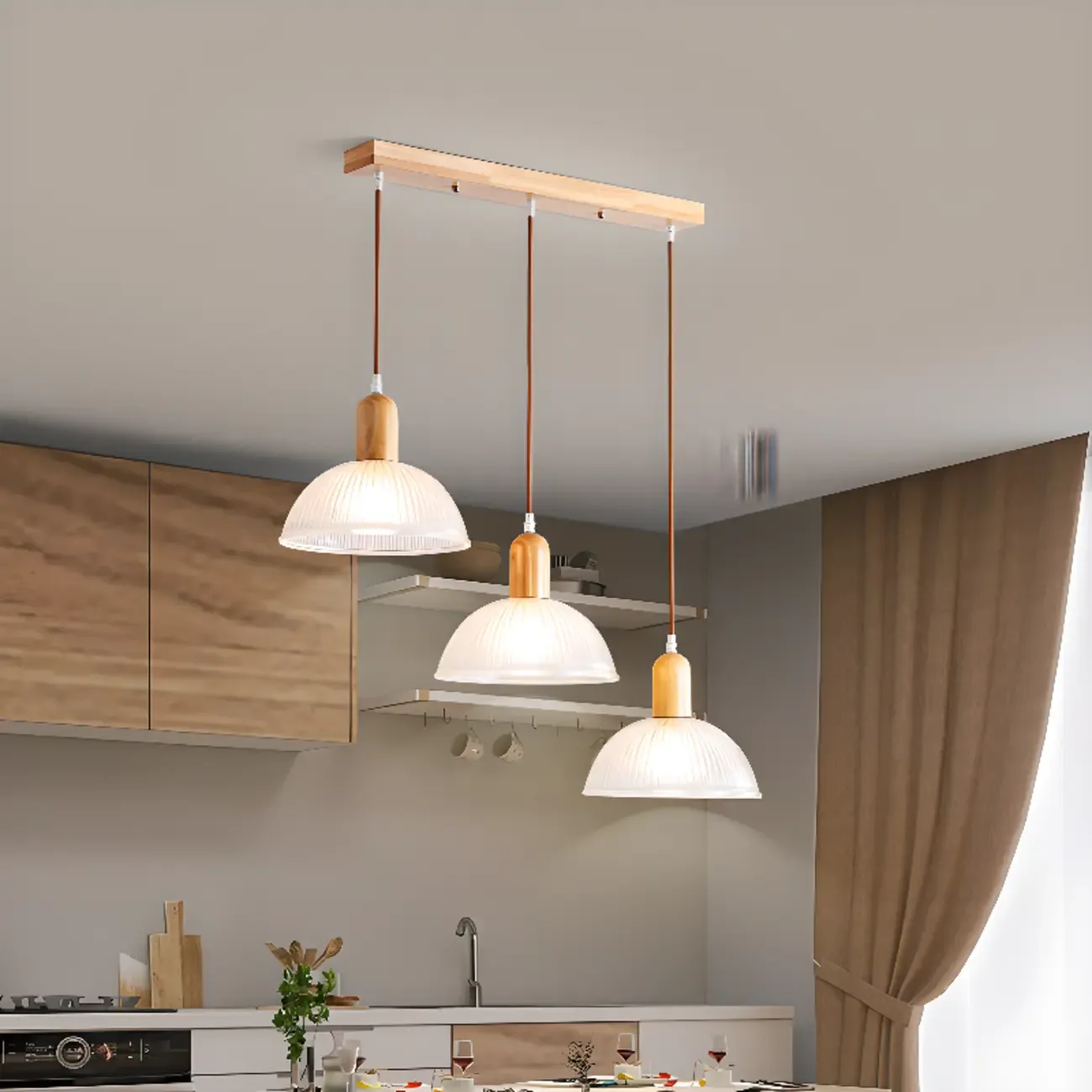 Adjustable Glass Dome Wooden Island Pendant Light  for Kitchen