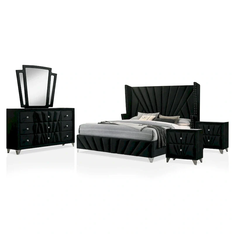 Ambrosia Glam Black Fabric Upholstered Nailhead 5-Piece Panel Bedroom Set by Furniture of America