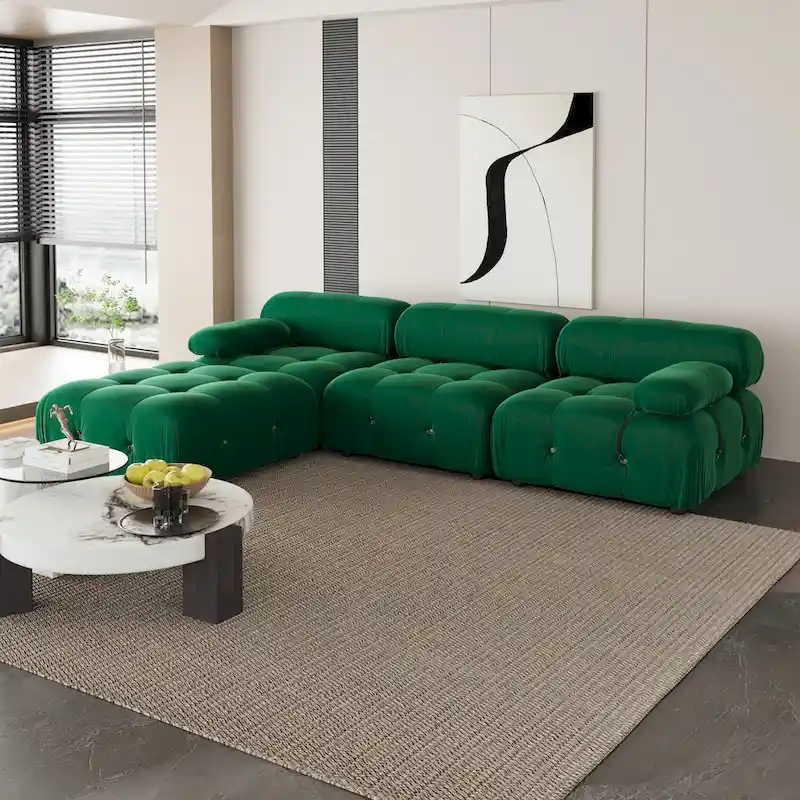 L-Shaped Velvet Sectional Sofa with Ottoman