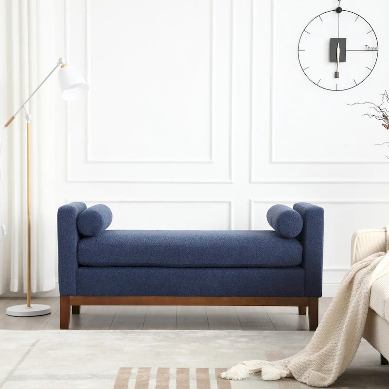 53.5W Elegant Boucle Upholstered Bench, Ottoman with Wood Legs & Bolster Pillows