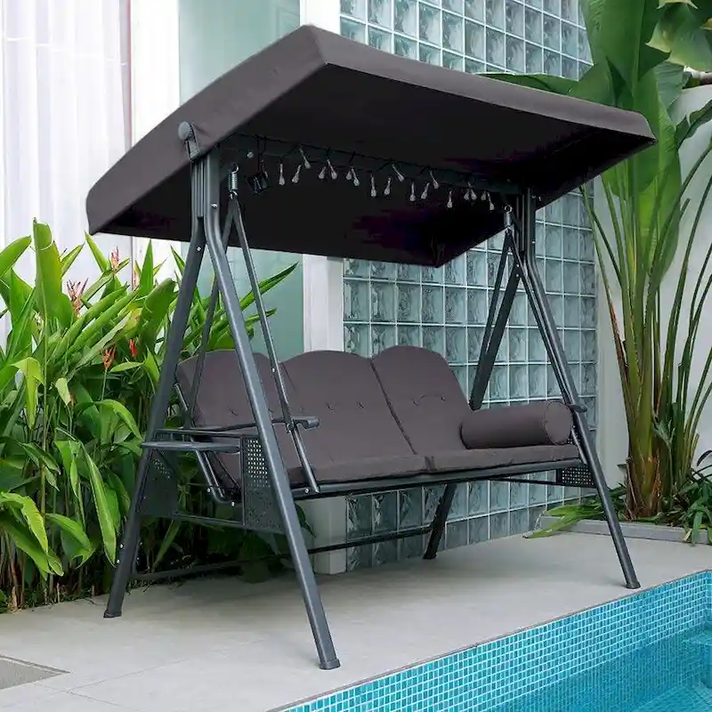 PURPLE LEAF Outdoor Patio Porch Swing with Stand, Chair with Adjustable Tilt Canopy All-Weather Steel Frame for Backyard