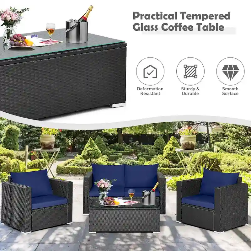 Costway 4 PCS Patio Rattan Furniture Set Cushioned Sofa Chair Coffee - See Description