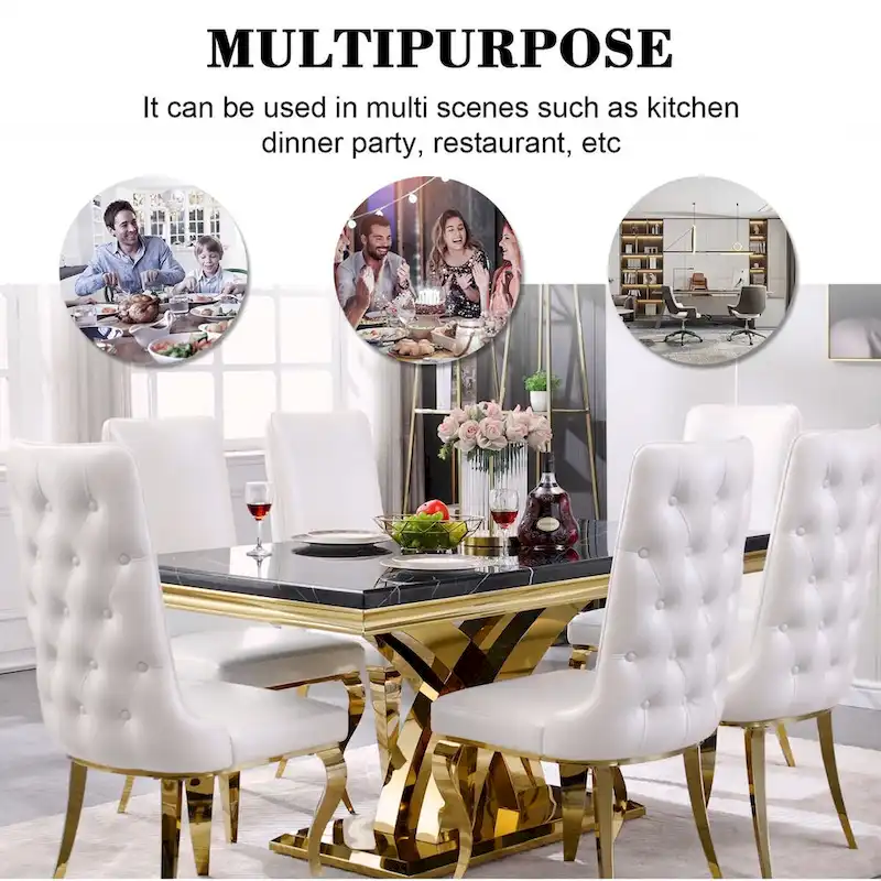 Black and Gold Dining Room Table with 65-inch top and Gold Polished Stainless Steel Metal Double X Base