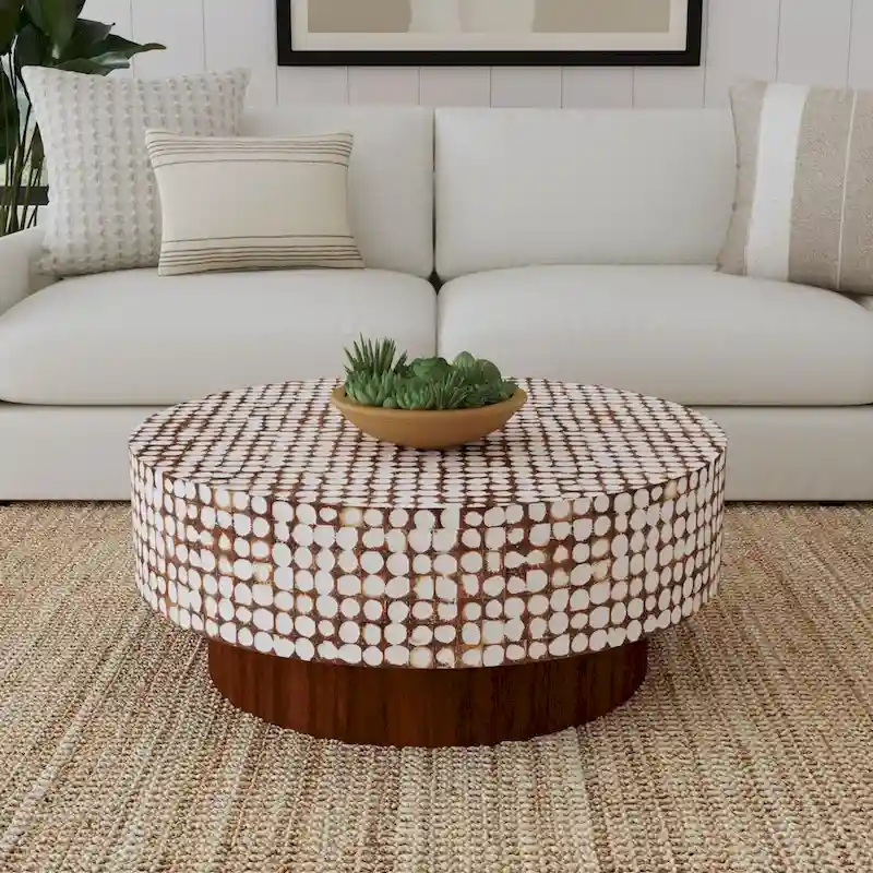 Mila Coconut Shell Round Pedestal Coffee Table by East at Main