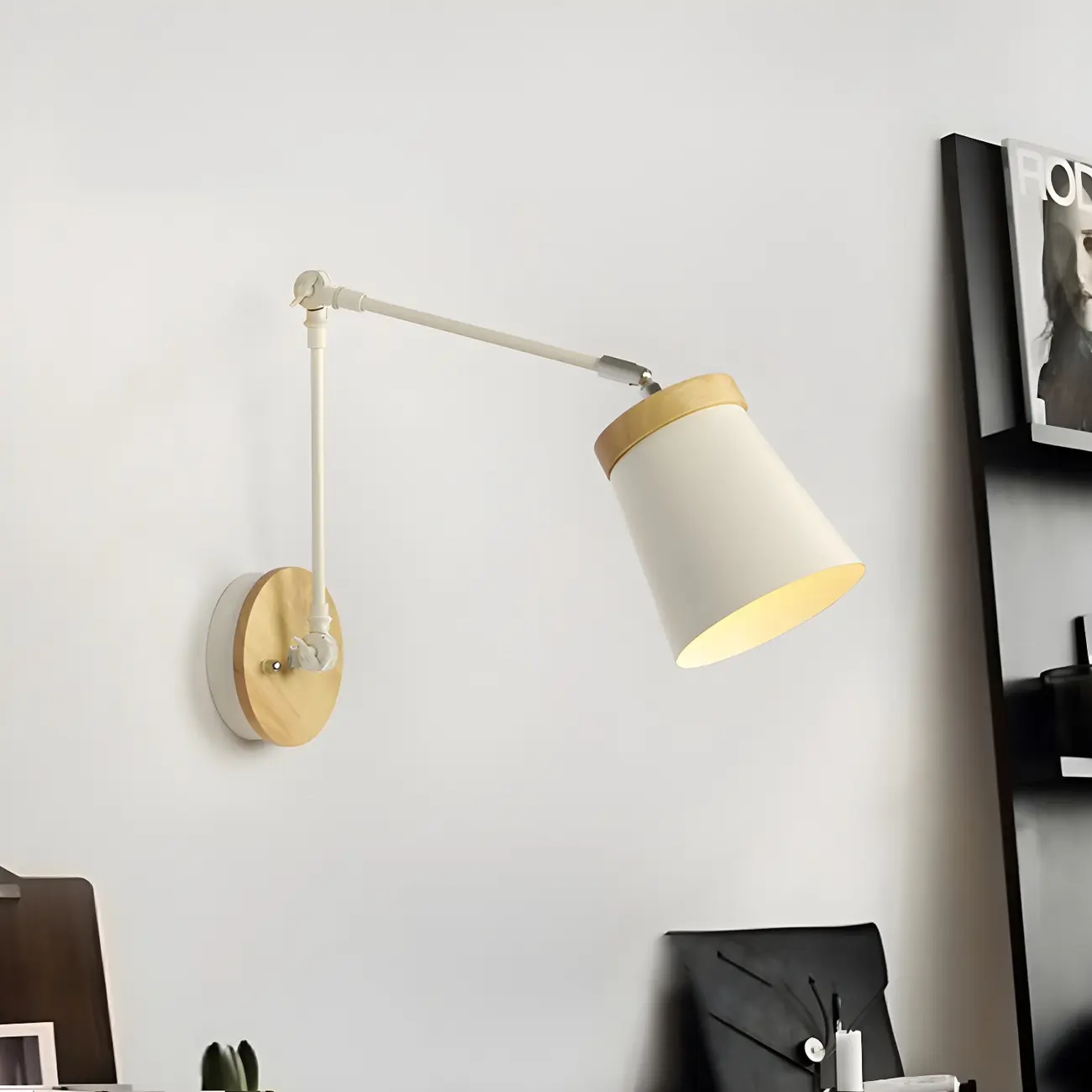 Modern Wood Metal Swing Arm Wall Light