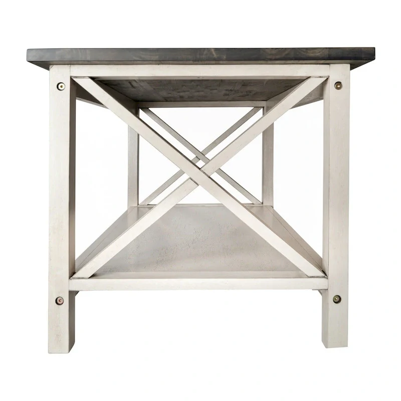 Farmhouse X-Frame Coffee Table with Shelf, Acacia Gray/Dark Gray/Walnut, Solid Wood