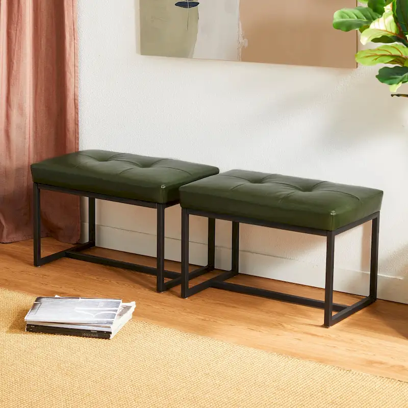 Glitzhome Set of 2 24W Modern PU Leather Button-tufted Ottoman Foot stool