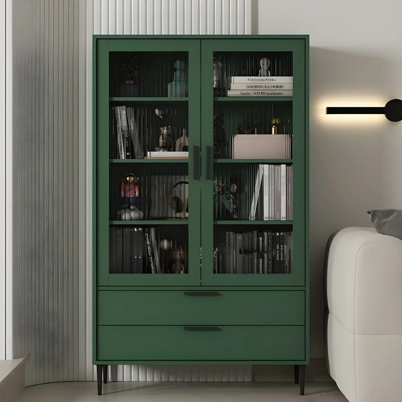 Modern Stylish Cream White Wood Glass Storage Cabinet