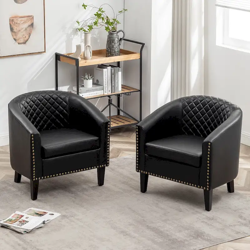 KINWELL 29 PU Faux Leather Club Armchair with Nailheads, Set of 2