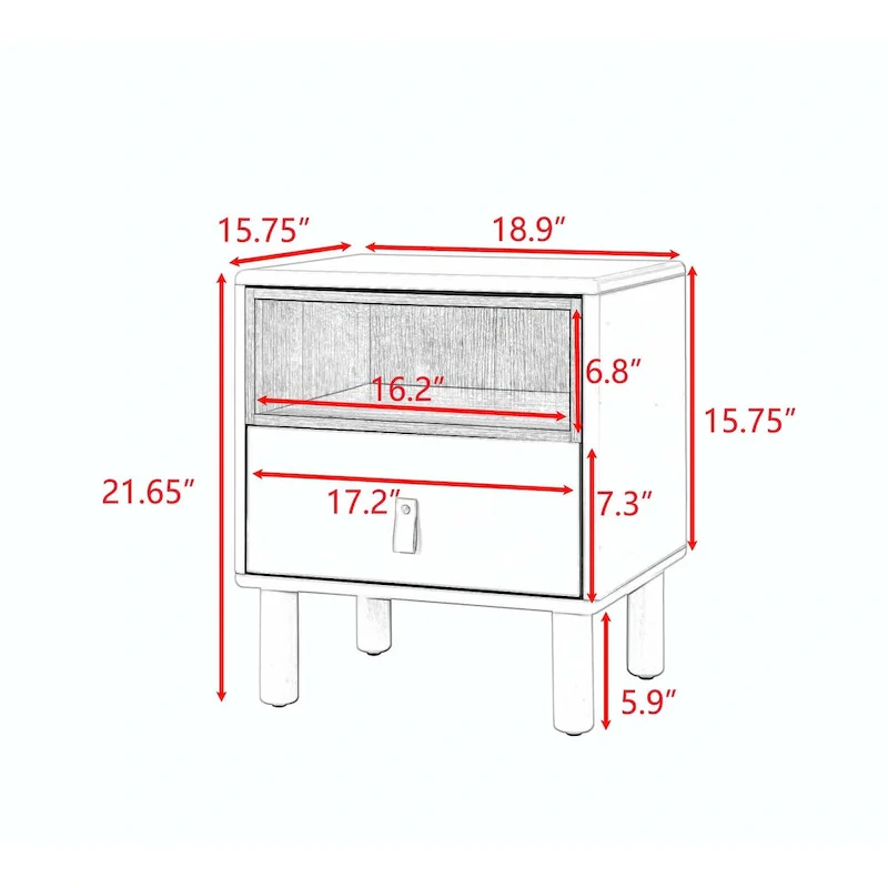 Nightstand - MDF & Solid Wood, 1 Drawer, Open Shelf, Leather Handles, 18.9W x 21.65H, Modern