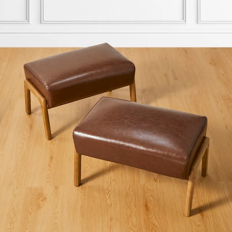 Glitzhome Set of 2 Mid-century Leatherette Ottoman Accent Stools