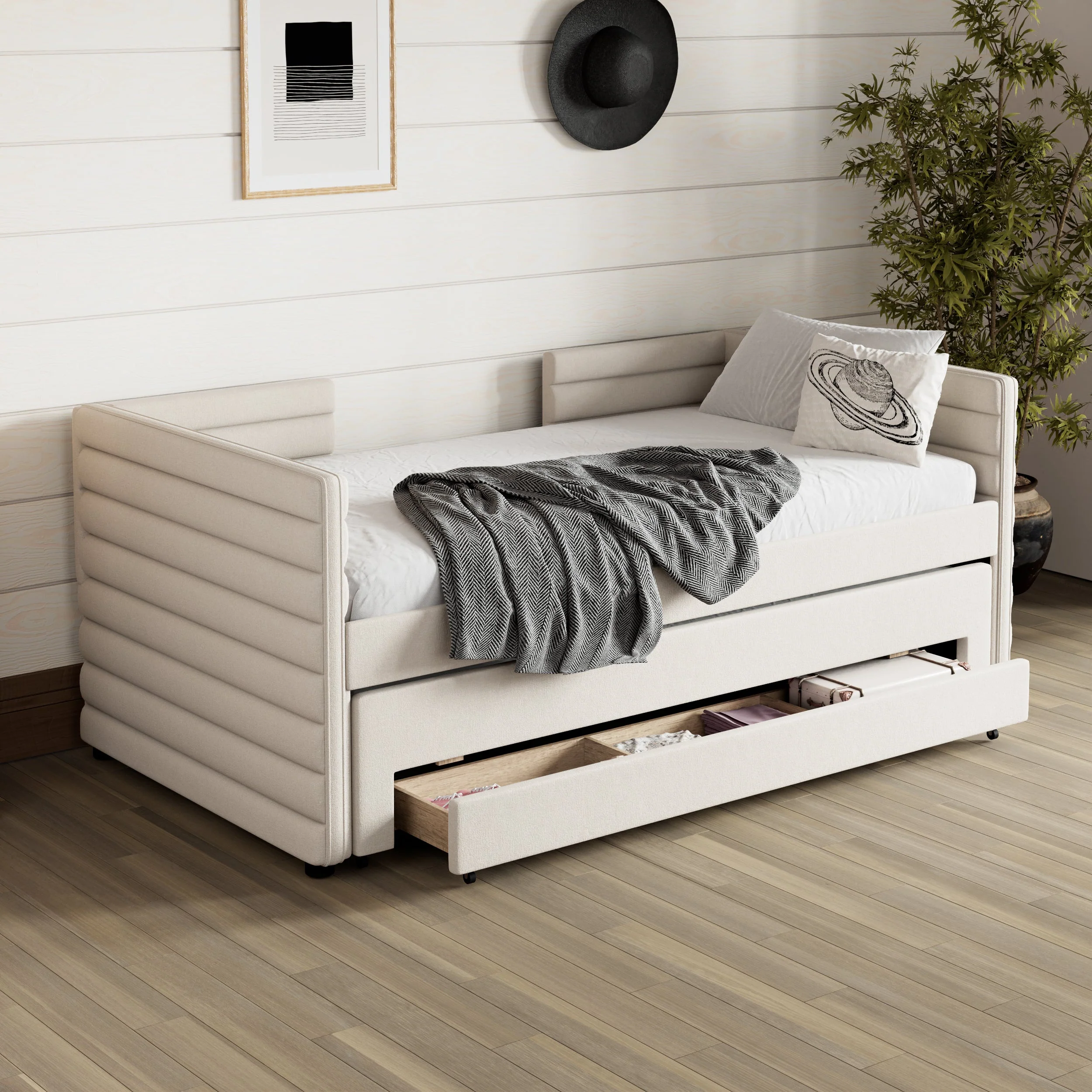 Walker Edison | Twin Size Upholstered Daybed with Trundle and 3 Storage Drawers