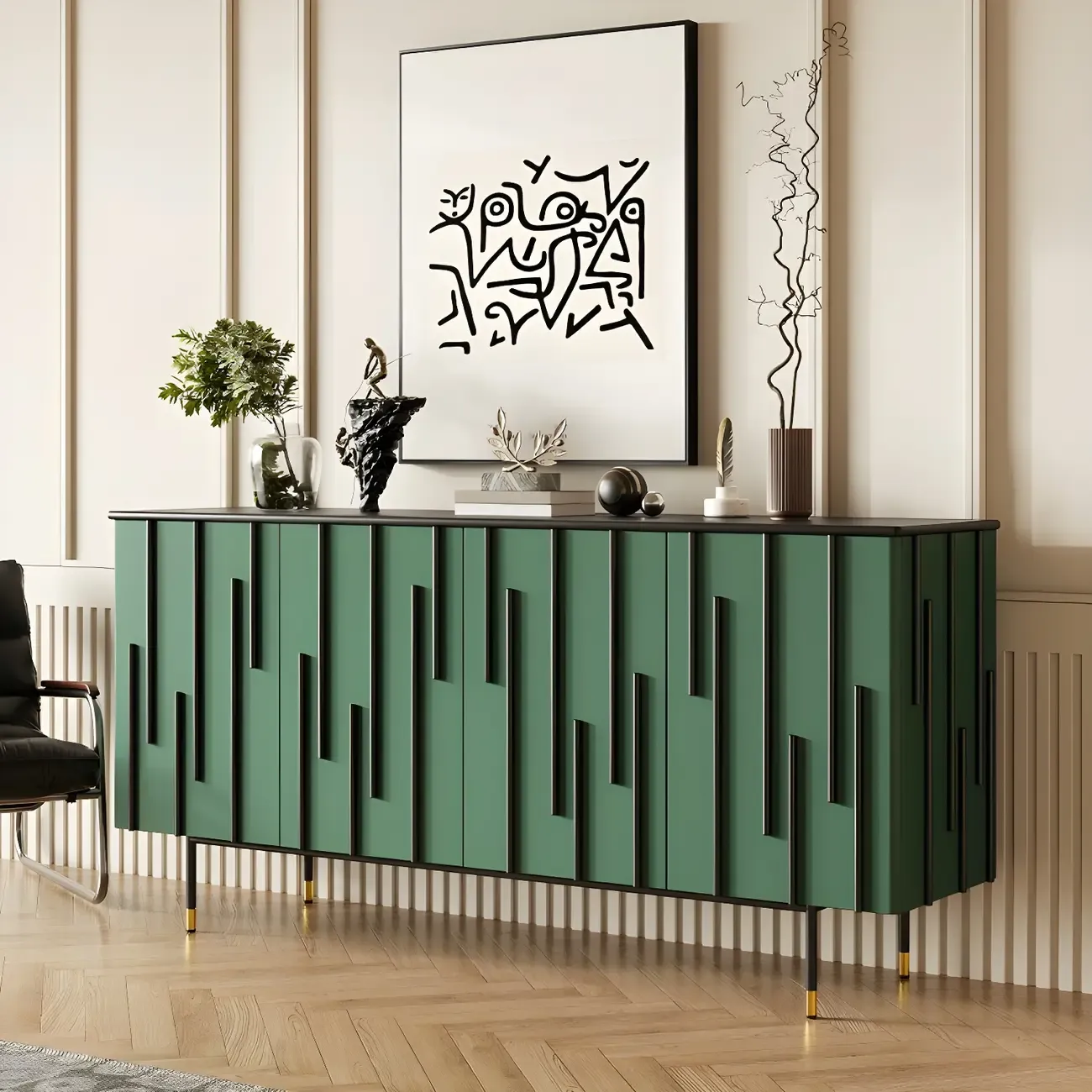 Unique Glam Wooden Sideboard Cabinet in Green/Brown