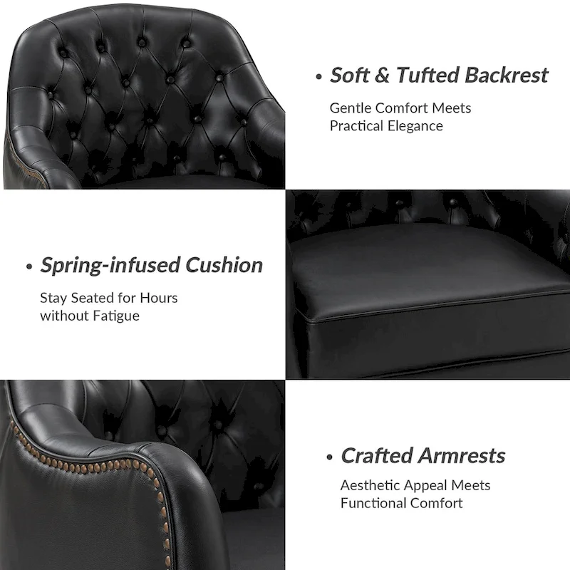 Melisa Classic Genuine Leather Wood Legs Barrel Chair With Tufted Back By HULALA HOME