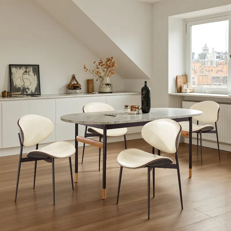 Set of 4 Mid-century Wood and Faux Leather Dining Chairs