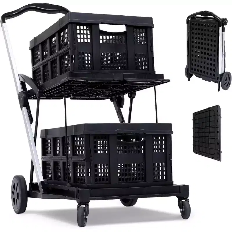 COZONY Folding Office Utility Cart with Wheels  2-Tier Heavy Duty Rolling Organizer  Collapsible Multipurpose Trolley  Black, 2 Cargo Boxes