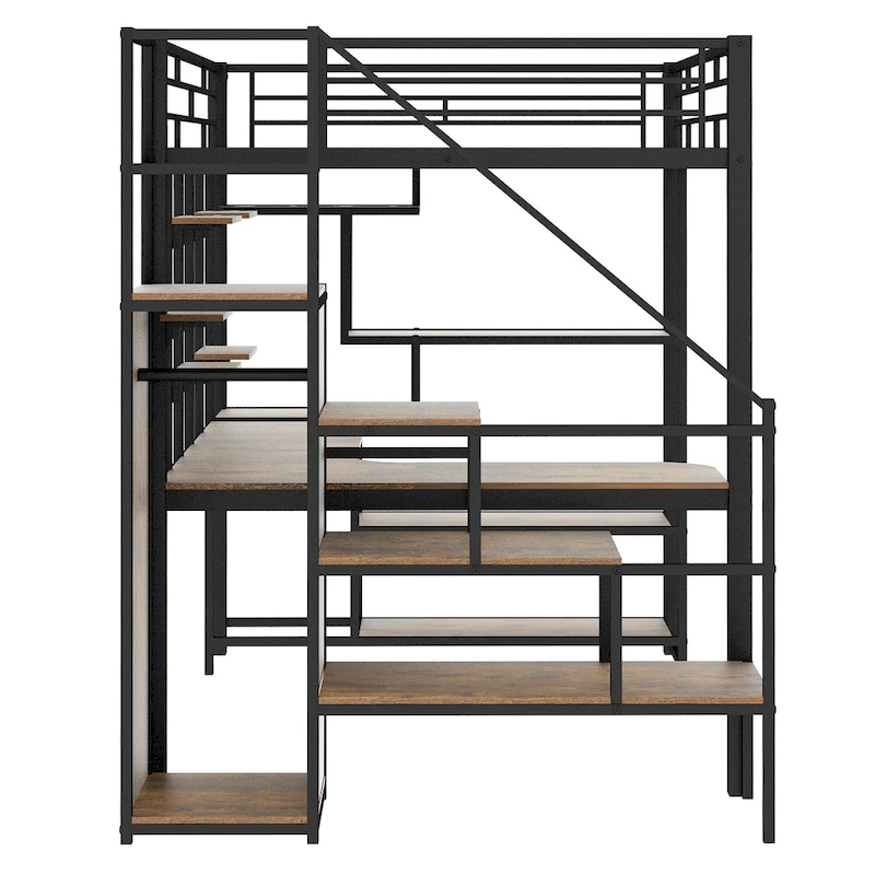 Black Full Size Metal Loft Bed with Storage Staircase and Small Wardrobe