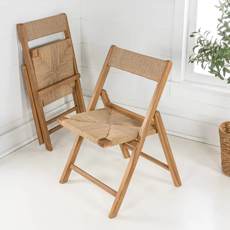 Mallorca Coastal Modern Wood Woven Seagrass Folding Chair, Natural (Set of 2) by JONATHAN Y
