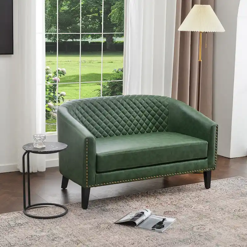 KINWELL 50W Tufted Faux Leather Upholstered Small Loveseat Sofa