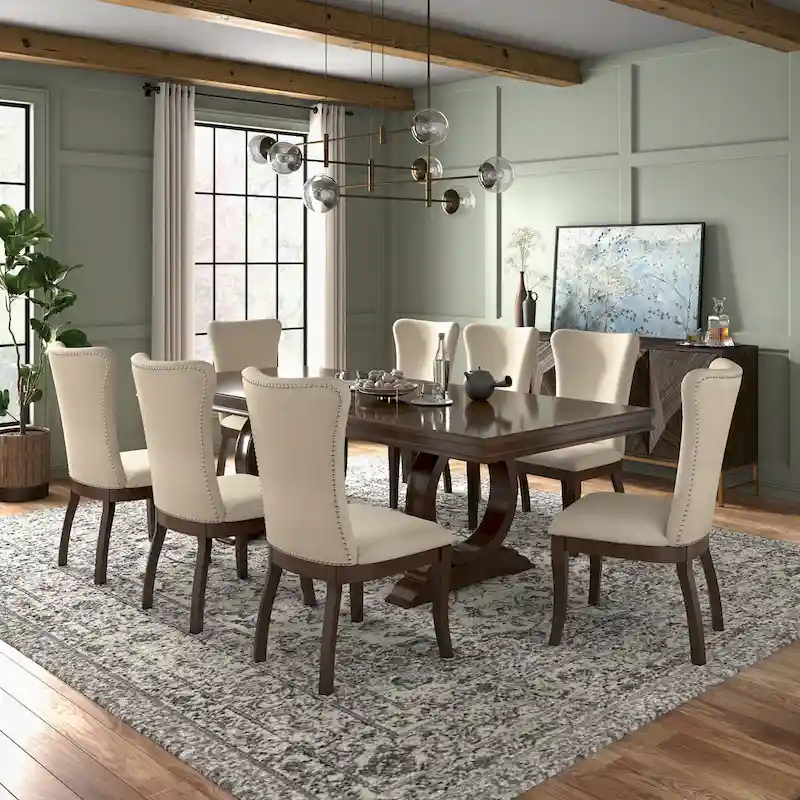 Dark Cherry Wood and Beige Fabric Extendable Dining Set