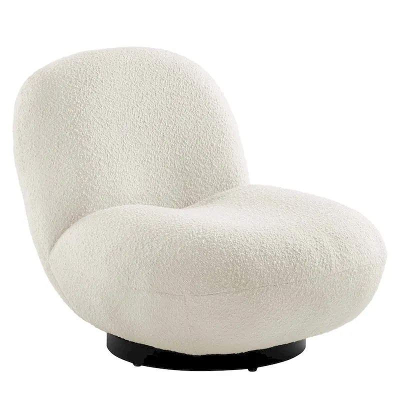 Beige Boucle Swivel Accent Chair with Black Base