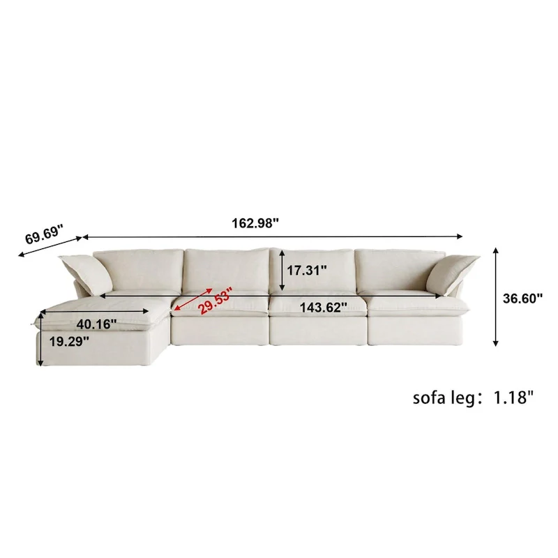 Gray Velvet L-Shape Sectional Sofa - 5 Seat