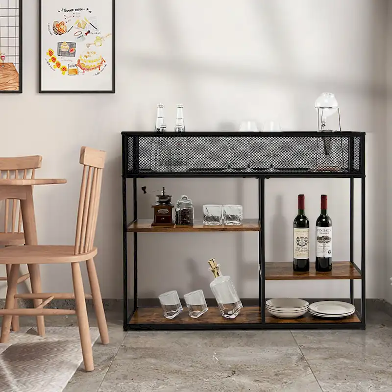 4-Tier Console Table w/ Wire Basket Narrow Sofa Table w/ shelf
