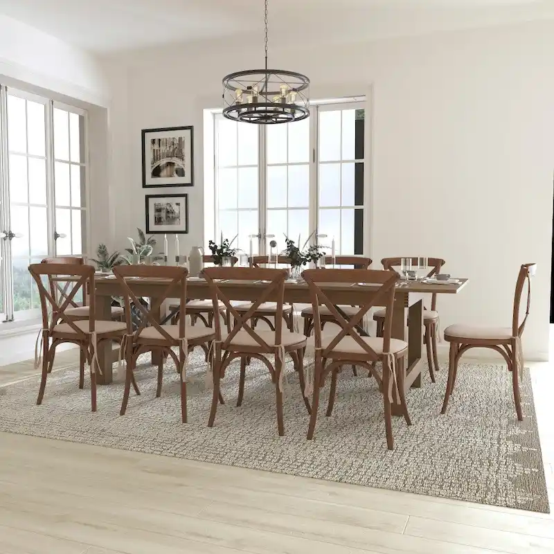9' x 40 Rustic Folding Farm Table Set with 10 Cross Back Chairs and Cushions