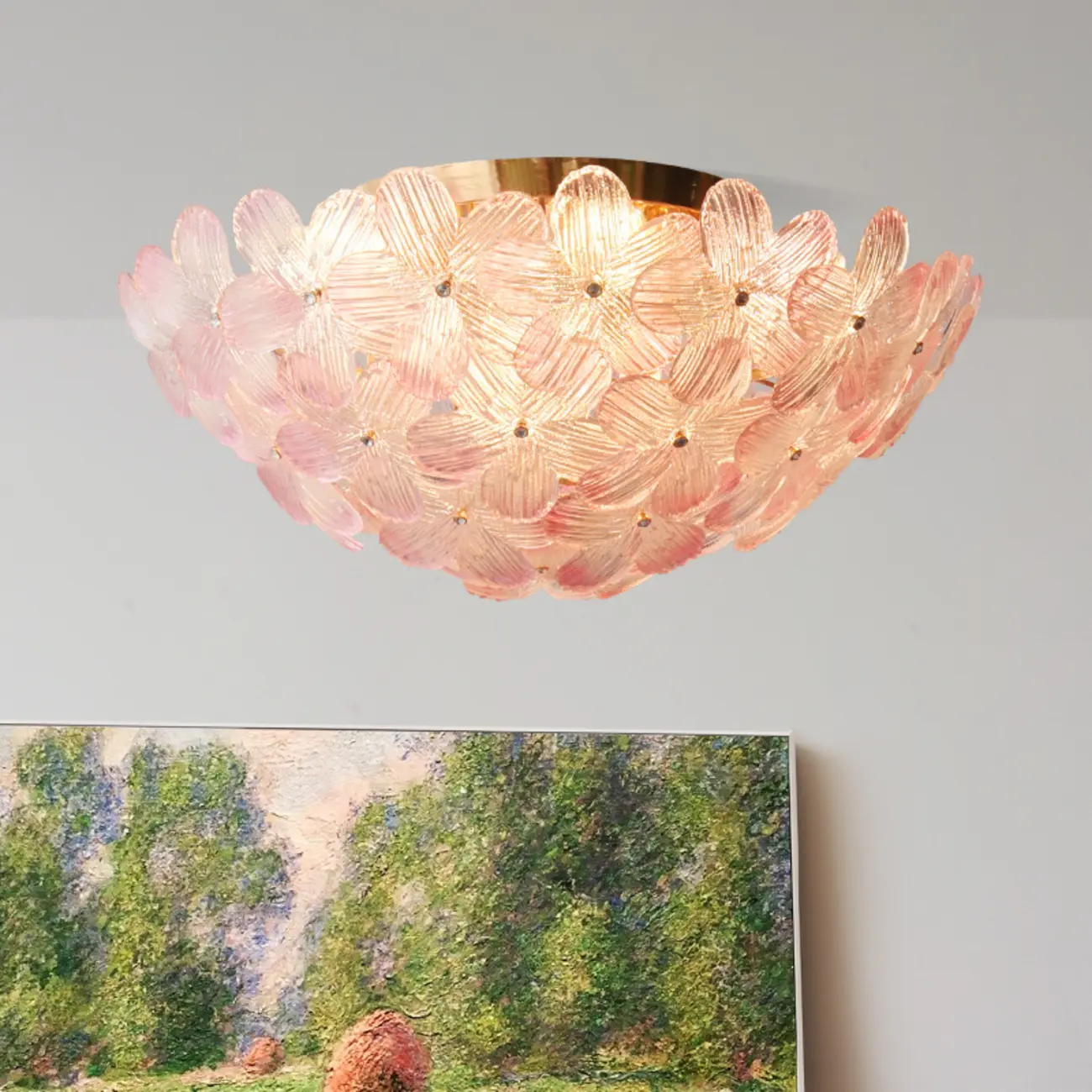 Elegant Floral Glass Dome Semi Flush Ceiling Light