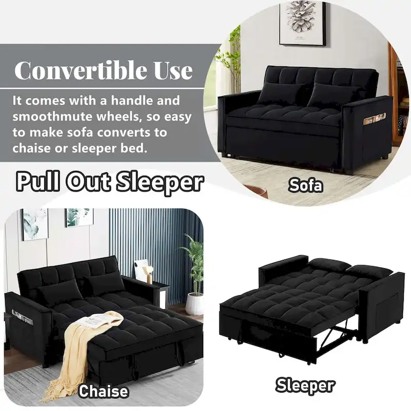 Convertible Sleeper Loveseat, 3-Position Backrest, Velvet, Foam, Side Pockets, USB, Seats 2/Twin Bed, Blue/Black/Grey