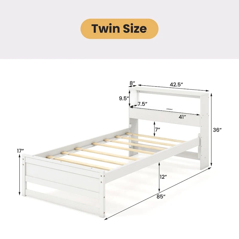 Single Wooden Bed Frame (with Charging Station and LED Lights)
