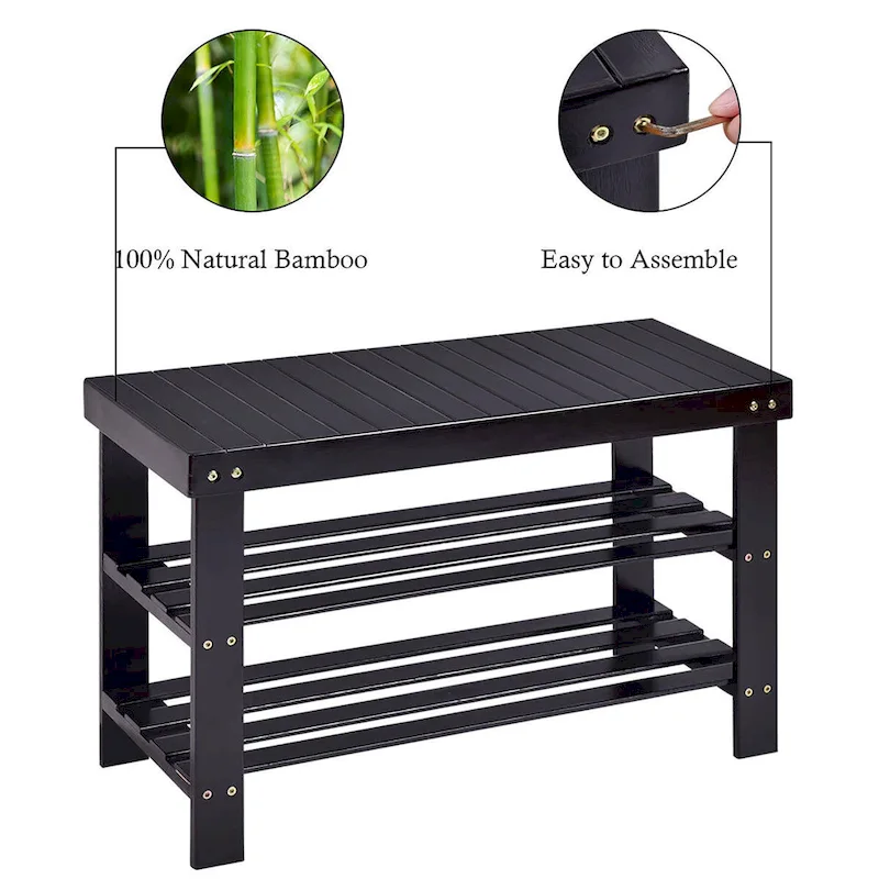 3-Tier Bamboo Shoe Rack Bench, Black/Natural, Seats 1