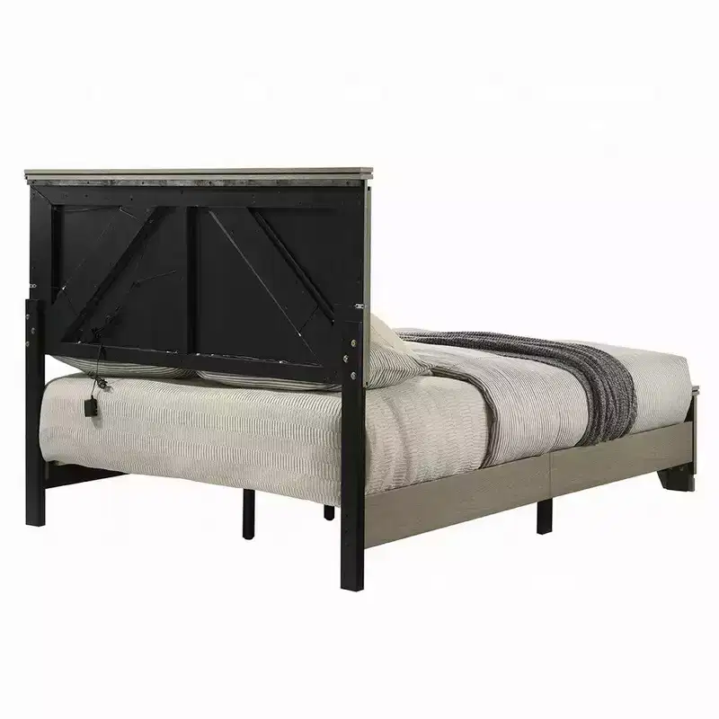 Royal Hampton Queen Bed, Panel Headboard with LED, Weathered Gray Wood, Modern Style