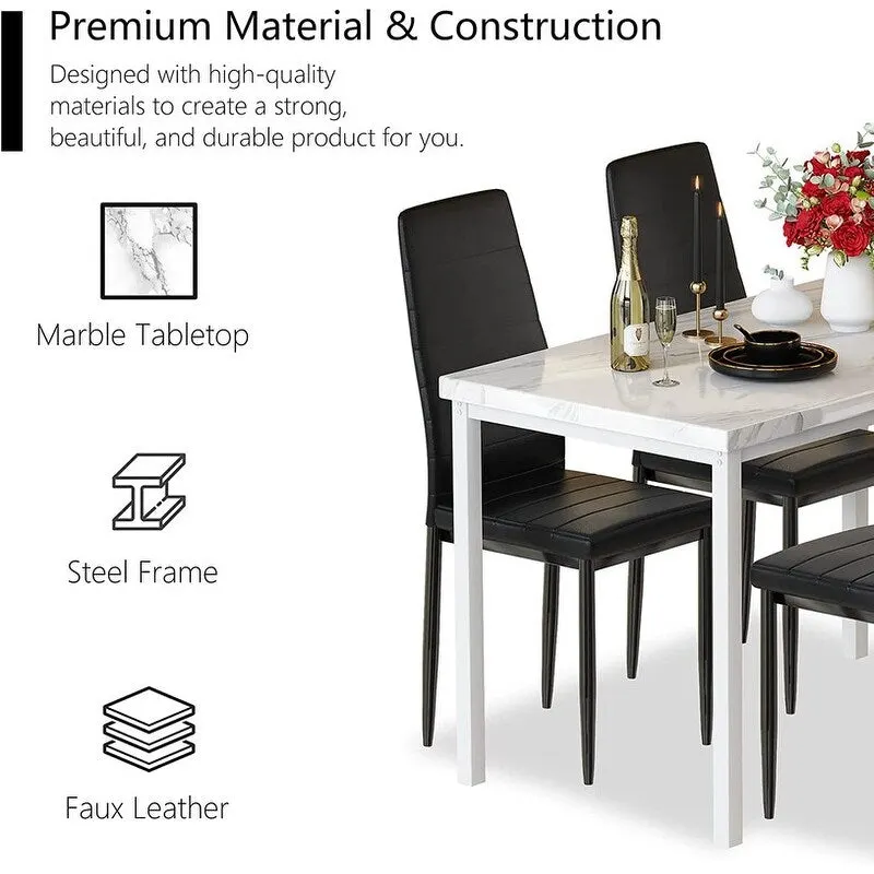 Modern 5-Piece Kitchen Dining Set, Counter Height Dinette Set with Marble Look Top and 4 Upholstered PU Leather Chairs