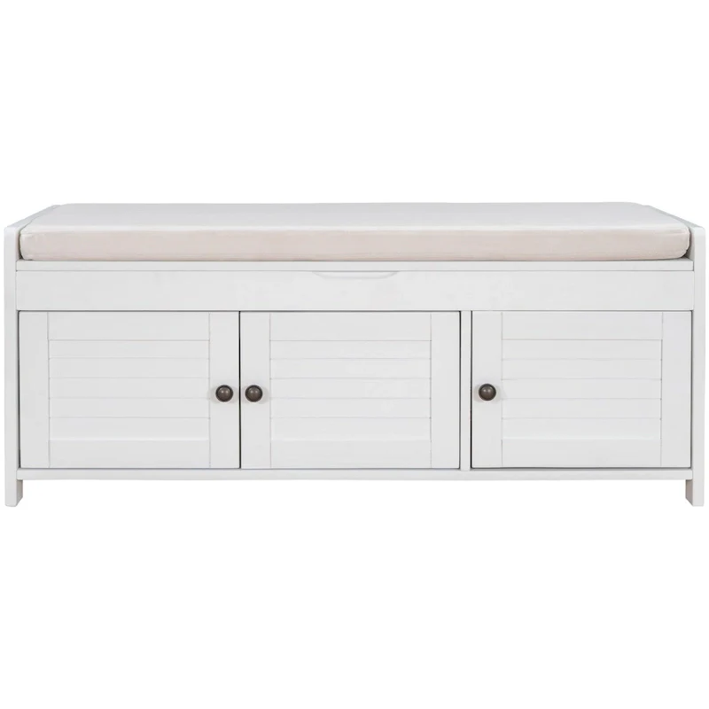 Storage Bench with 3 Shutter-shaped Doors, Removable Cushion and Hidden Storage Space - 43.5 L x 16 W x 18 H