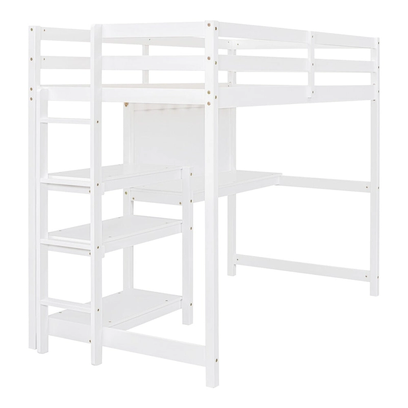 White Wooden Loft Bed with 3-Layer Shelves, Desk, and Writing Board, Full-Length Guardrail