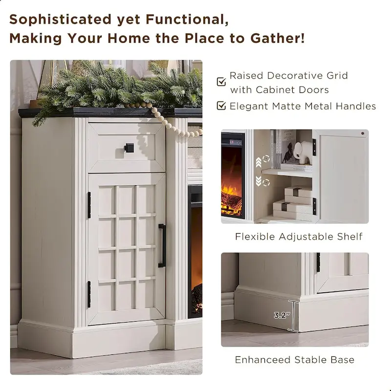 Black/Brown/White Farmhouse Electric Fireplace TV Stand, Fits 80